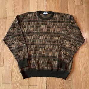 Jos A Bank Pure New Merino Wool Brown Pattern Grandpa Lightweight Sweater Mens L